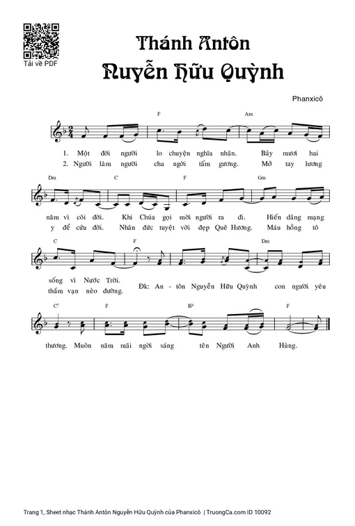 Sheet nhạc PDF bài Thánh Antôn Nguyễn Hữu Quỳnh