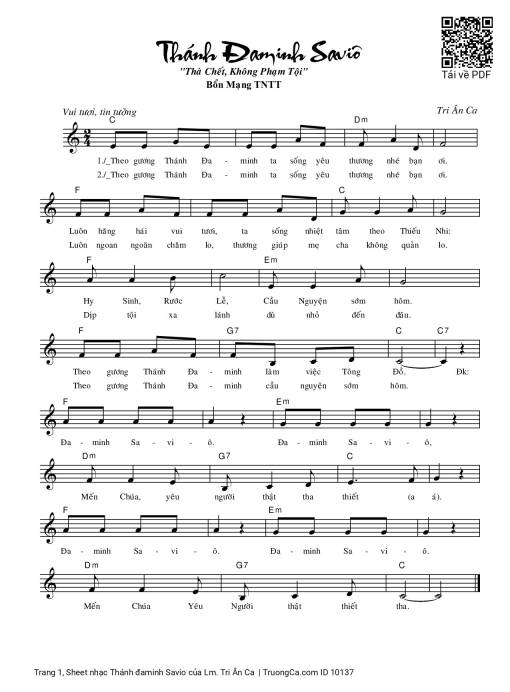 Sheet nhạc PDF bài Thánh đaminh Savio