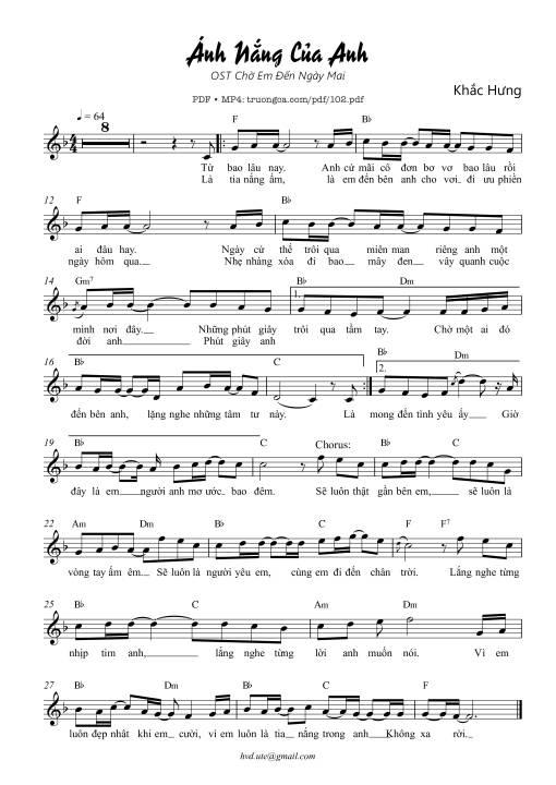 Sheet nhạc PDF bài Ánh nắng của anh