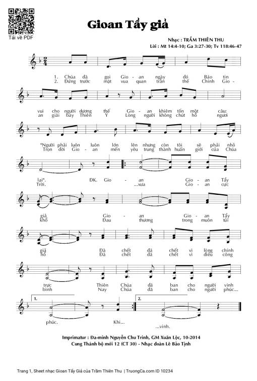 Sheet nhạc PDF bài Gioan Tẩy Giả