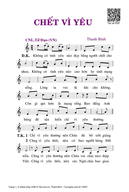 Sheet nhạc PDF bài Chết Vì Yêu