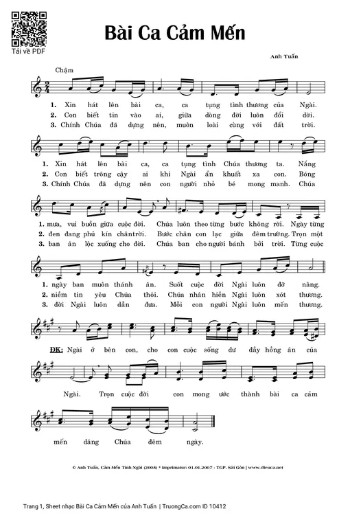 Sheet nhạc PDF bài Bài Ca Cảm Mến