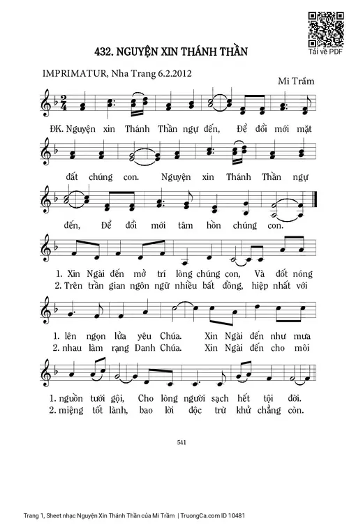 Sheet nhạc PDF bài Nguyện Xin Thánh Thần