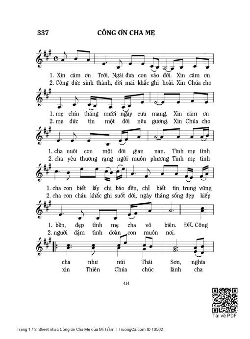 Sheet nhạc PDF bài Công ơn Cha Mẹ