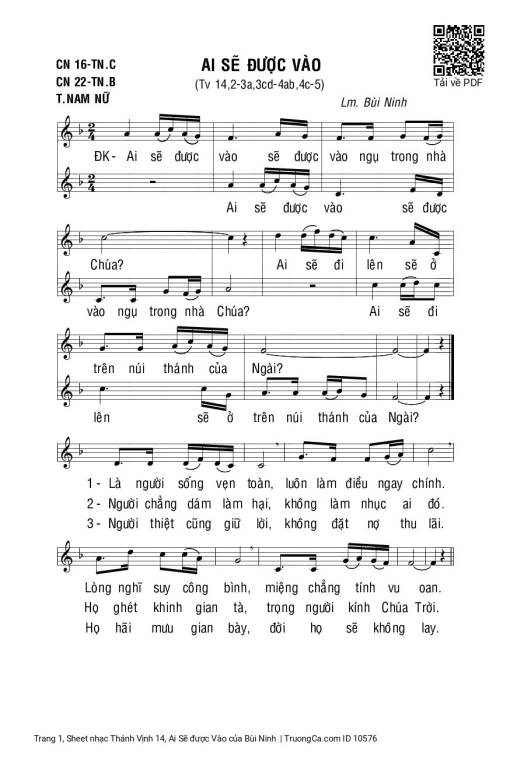 Sheet nhạc PDF bài Thánh Vịnh 14, Ai Sẽ được Vào