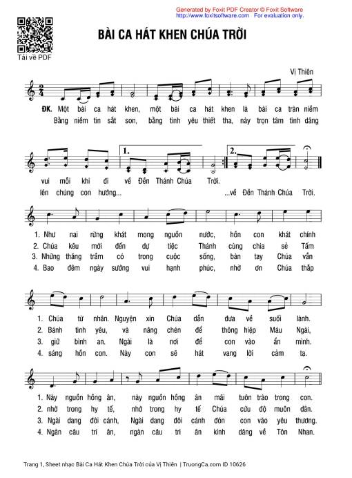 Sheet nhạc PDF bài Bài Ca Hát Khen Chúa Trời