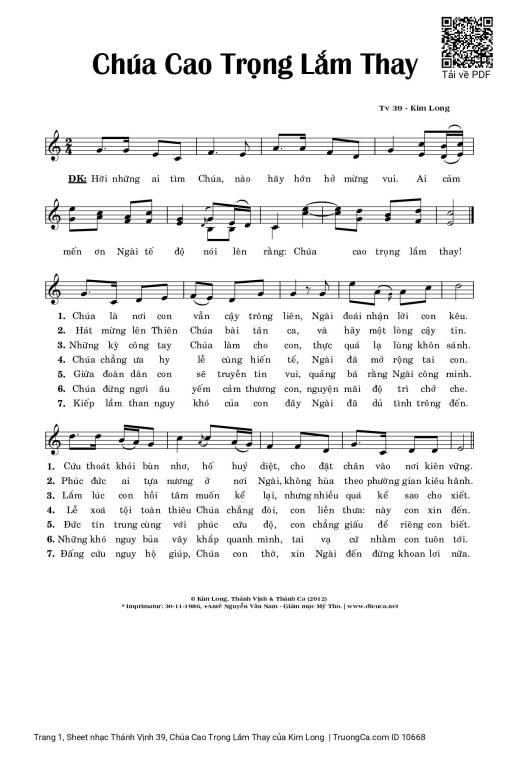 Sheet nhạc PDF bài Thánh Vịnh 39, Chúa Cao Trọng Lắm Thay