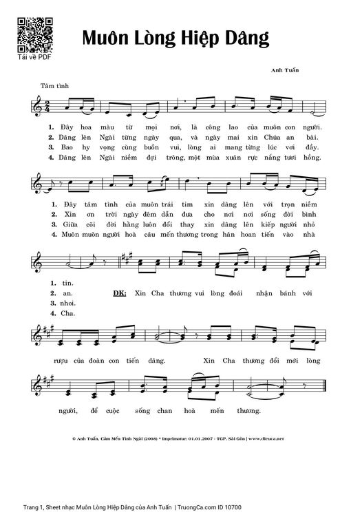 Sheet nhạc PDF bài Muôn Lòng Hiệp Dâng