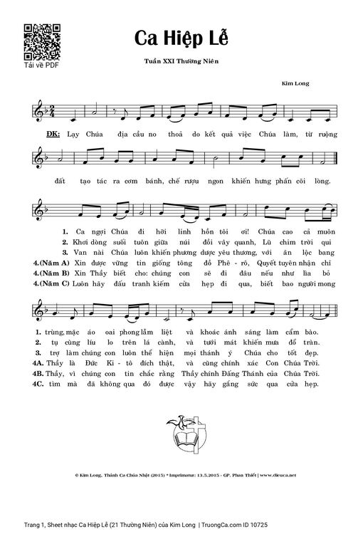 Sheet nhạc PDF bài Ca Hiệp Lễ (21 Thường Niên)