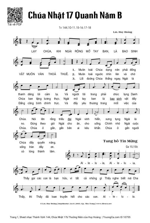 Sheet nhạc PDF bài Thánh Vịnh 144, Chúa Nhật 17b Thường Niên