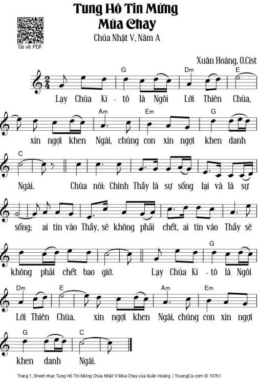 Sheet nhạc PDF bài Tung Hô Tin Mừng Chúa Nhật V Mùa Chay