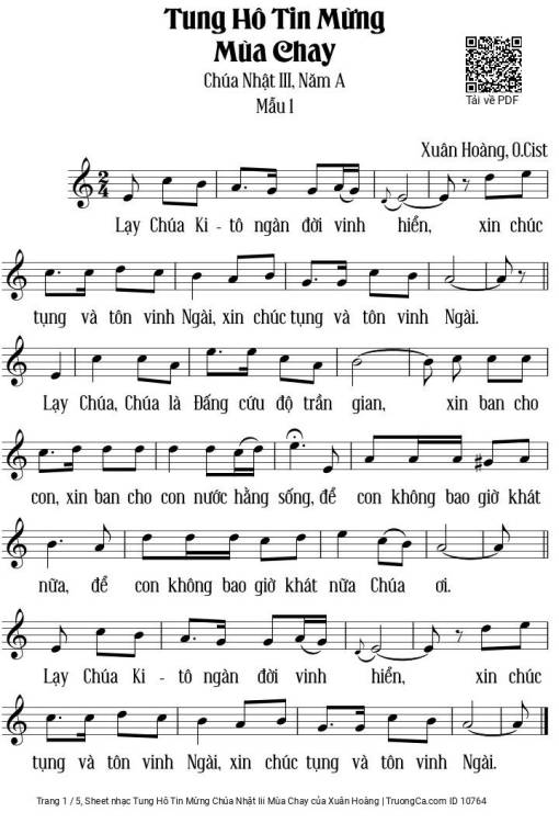Sheet nhạc PDF bài Tung Hô Tin Mừng Chúa Nhật Iii Mùa Chay
