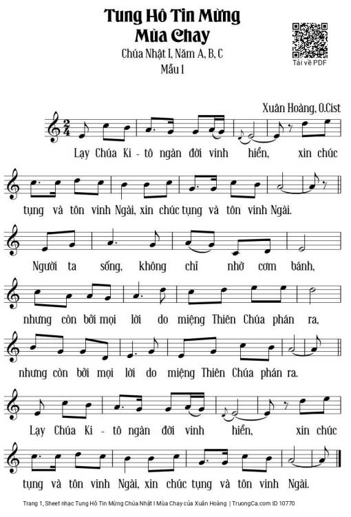 Sheet nhạc PDF bài Tung Hô Tin Mừng Chúa Nhật I Mùa Chay