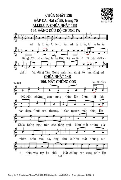 Sheet nhạc PDF bài Thánh Vịnh 122, Mắt Chúng Con