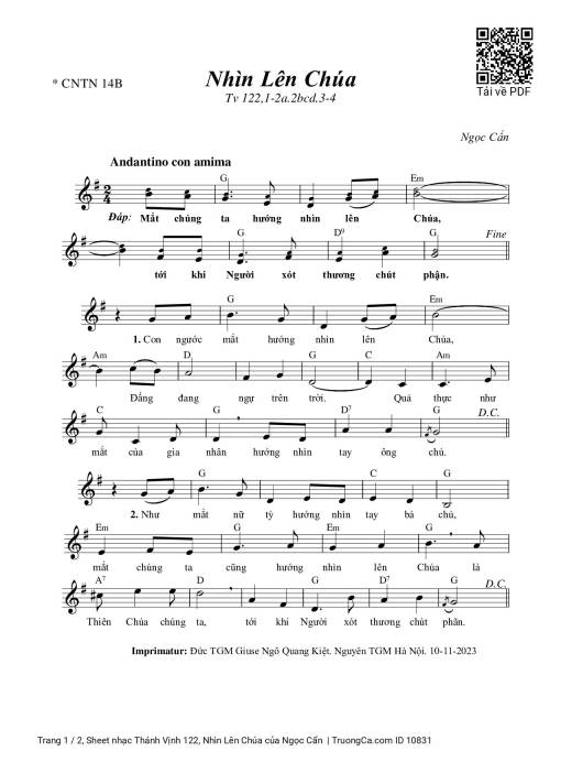 Sheet nhạc PDF bài Thánh Vịnh 122, Nhìn Lên Chúa