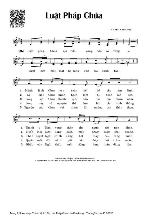 Sheet nhạc PDF bài Thánh Vịnh 18b, Luật Pháp Chúa