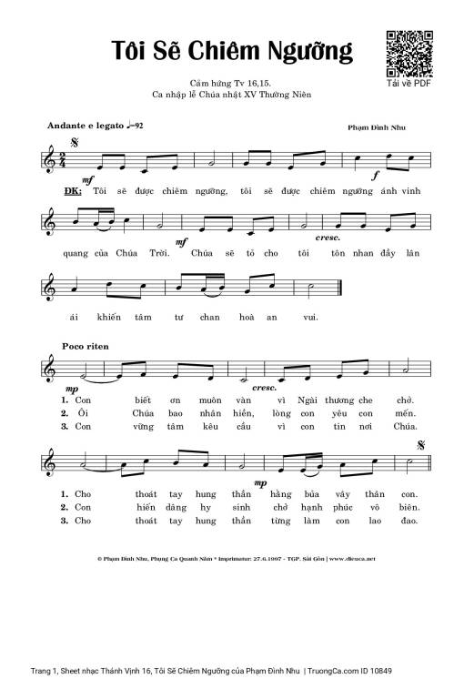 Sheet nhạc PDF bài Thánh Vịnh 16, Tôi Sẽ Chiêm Ngưỡng