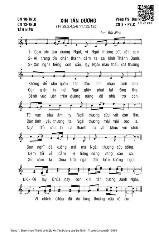 Sheet nhạc PDF bài Thánh Vịnh 29, Xin Tán Dương