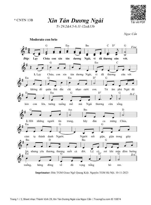 Sheet nhạc PDF bài Thánh Vịnh 29, Xin Tán Dương Ngài