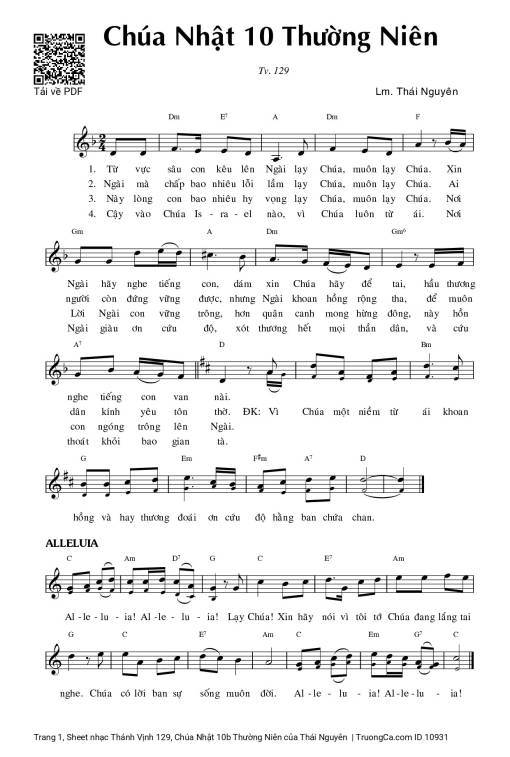Sheet nhạc PDF bài Thánh Vịnh 129, Chúa Nhật 10b Thường Niên