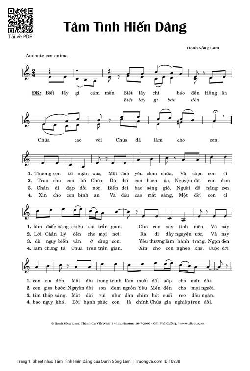 Sheet nhạc PDF bài Tâm Tình Hiến Dâng
