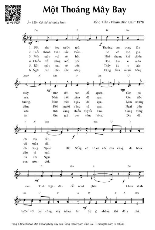 Sheet nhạc PDF bài Một Thoáng Mây Bay