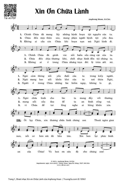 Sheet nhạc PDF bài Xin ơn Chữa Lành