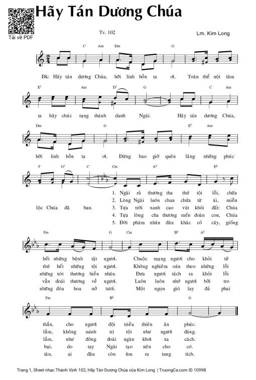 Sheet nhạc PDF bài Thánh Vịnh 102, Hãy Tán Dương Chúa