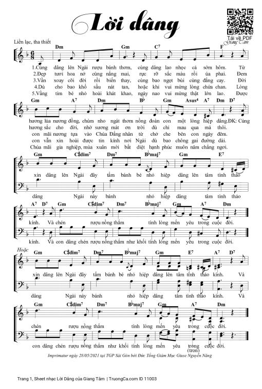 Sheet nhạc PDF bài Lời Dâng - Giang Tâm