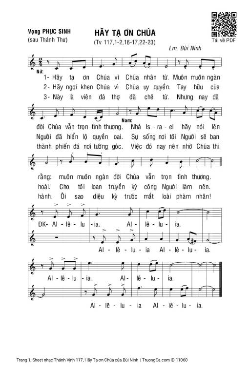 Sheet nhạc PDF bài Thánh Vịnh 117, Hãy Tạ ơn Chúa