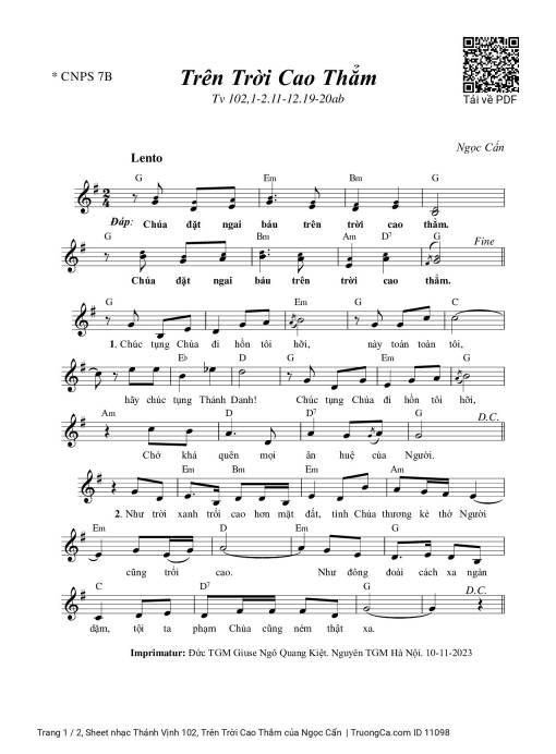 Sheet nhạc PDF bài Thánh Vịnh 102, Trên Trời Cao Thẳm