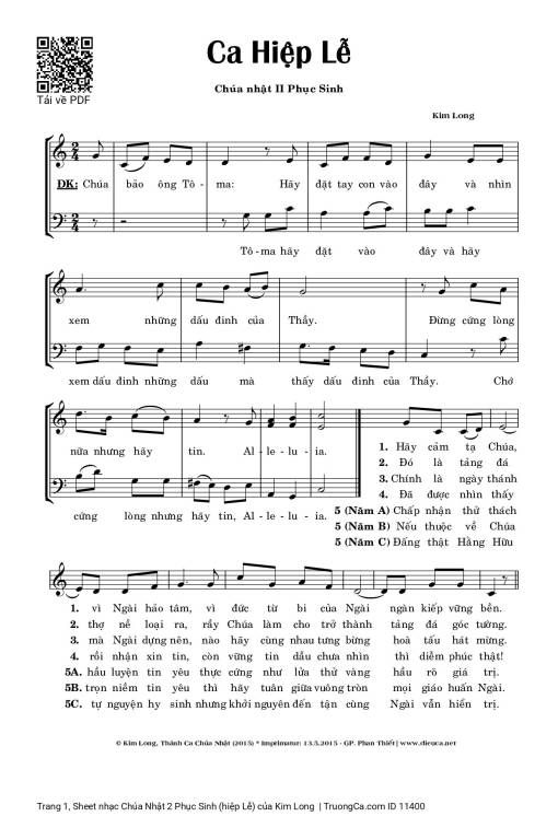 Sheet nhạc PDF bài Chúa Nhật 2 Phục Sinh (hiệp Lễ)