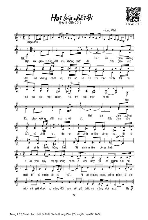 Sheet nhạc PDF bài Hạt Lúa Chết đi
