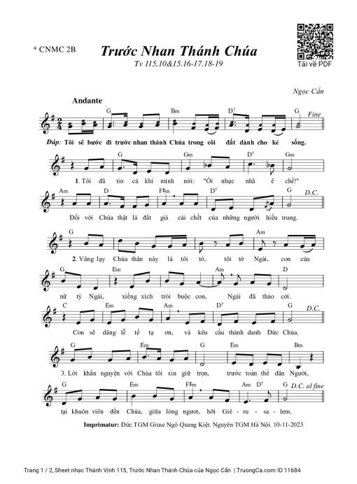 Sheet nhạc PDF bài Thánh Vịnh 115, Trước Nhan Thánh Chúa