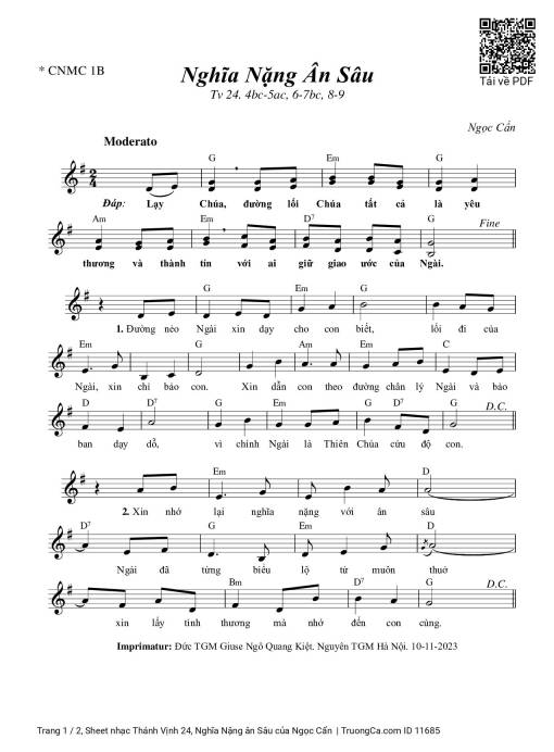 Sheet nhạc PDF bài Thánh Vịnh 24, Nghĩa Nặng ân Sâu