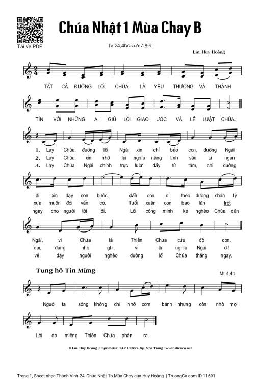 Sheet nhạc PDF bài Thánh Vịnh 24, Chúa Nhật 1b Mùa Chay