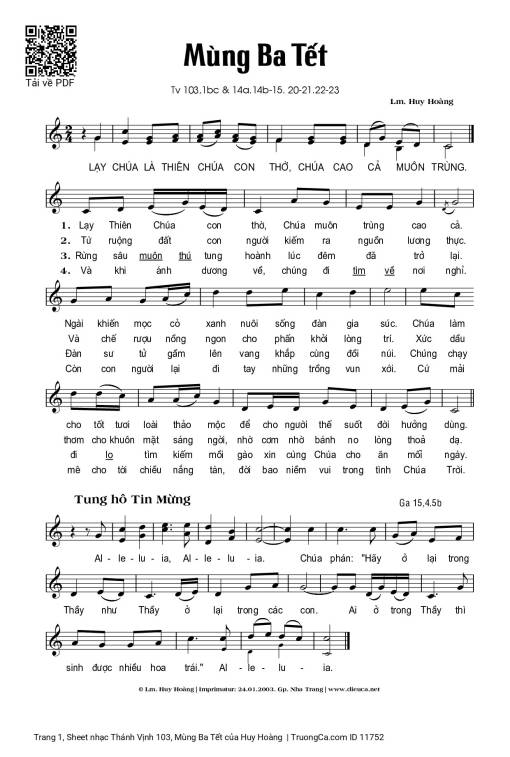 Sheet nhạc PDF bài Thánh Vịnh 103, Mùng Ba Tết