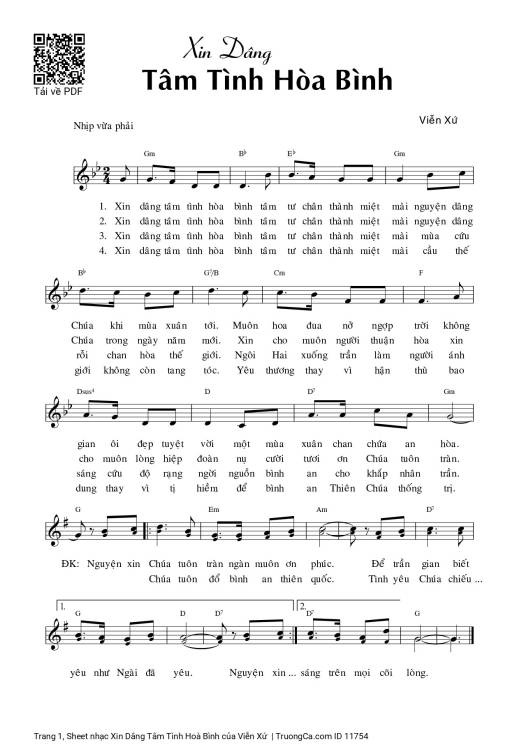 Sheet nhạc PDF bài Xin Dâng Tâm Tình Hoà Bình