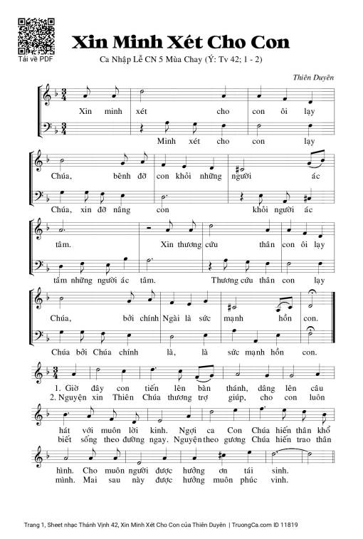Sheet nhạc PDF bài Thánh Vịnh 42, Xin Minh Xét Cho Con