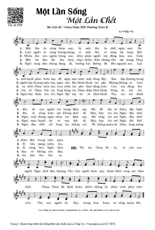 Sheet nhạc PDF bài Một Lần Sống Một Lần Chết