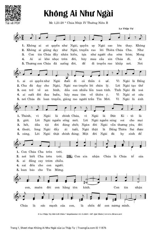 Sheet nhạc PDF bài Không Ai Như Ngài