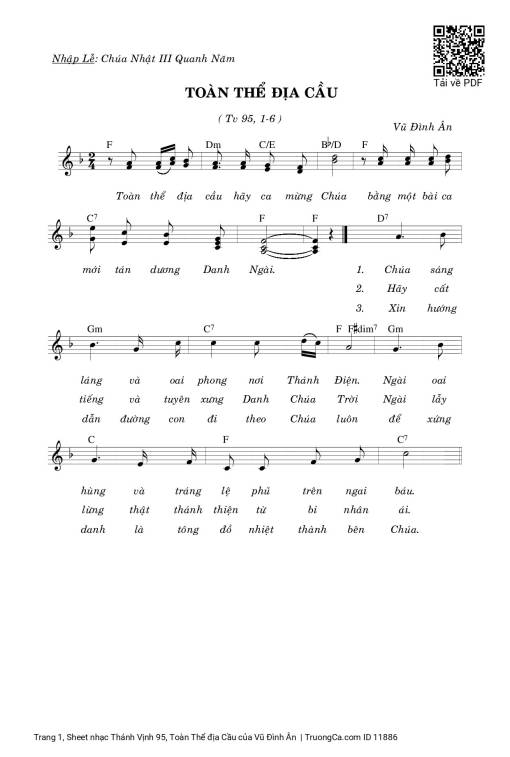 Sheet nhạc PDF bài Thánh Vịnh 95, Toàn Thể địa Cầu