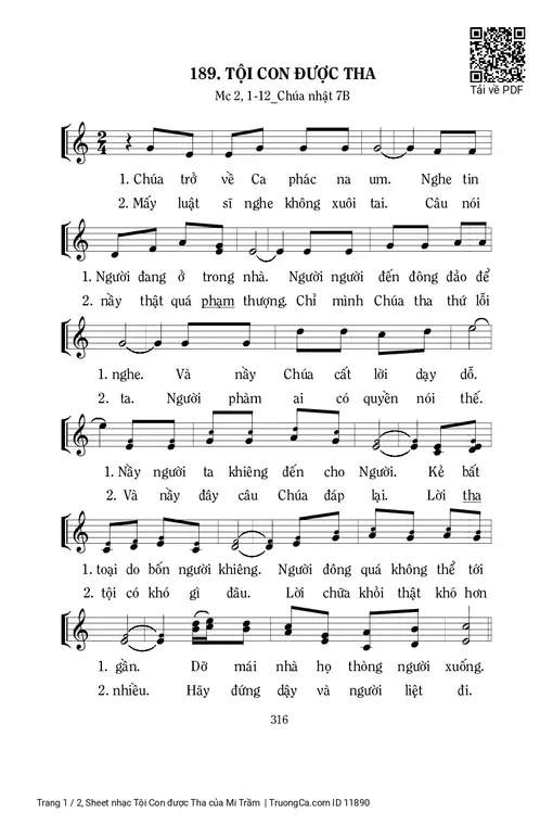 Sheet nhạc PDF bài Tội Con được Tha