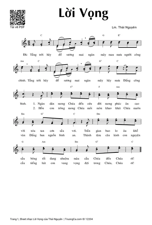 Sheet nhạc PDF bài Lời Vọng - Thái Nguyên