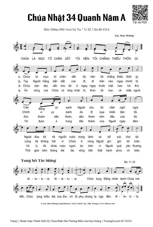 Sheet nhạc PDF bài Thánh Vịnh 22, Chúa Nhật 34a Thường Niên