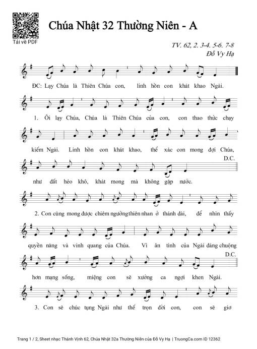 Sheet nhạc PDF bài Thánh Vịnh 62, Chúa Nhật 32a Thường Niên
