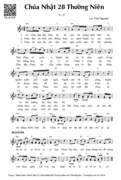 Sheet nhạc PDF bài Thánh Vịnh 22, Chúa Nhật 28a Thường Niên