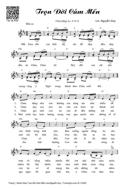 Sheet nhạc PDF bài Trọn đời Cảm Mến