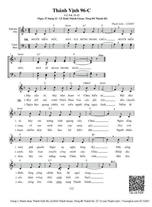 Sheet nhạc PDF bài Thánh Vịnh 96, Lễ Kính Thánh Gioan, Tông đồ Thánh Sử. 27.12