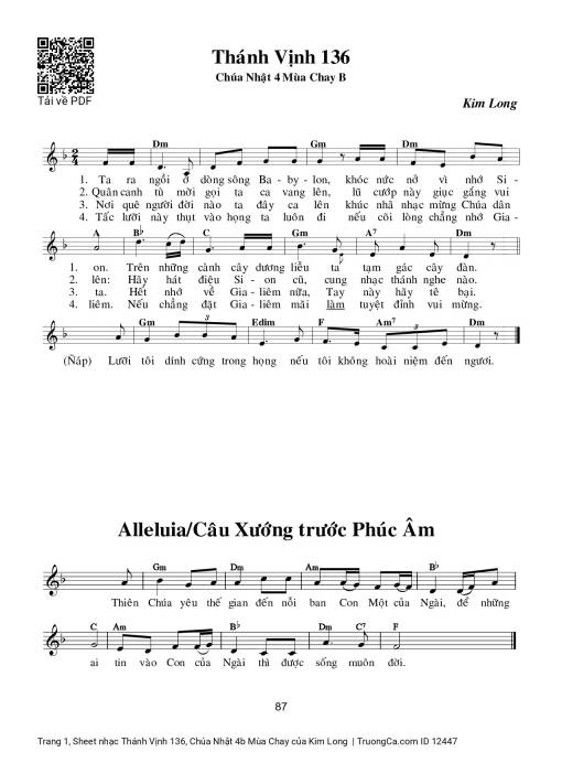 Sheet nhạc PDF bài Thánh Vịnh 136, Chúa Nhật 4b Mùa Chay